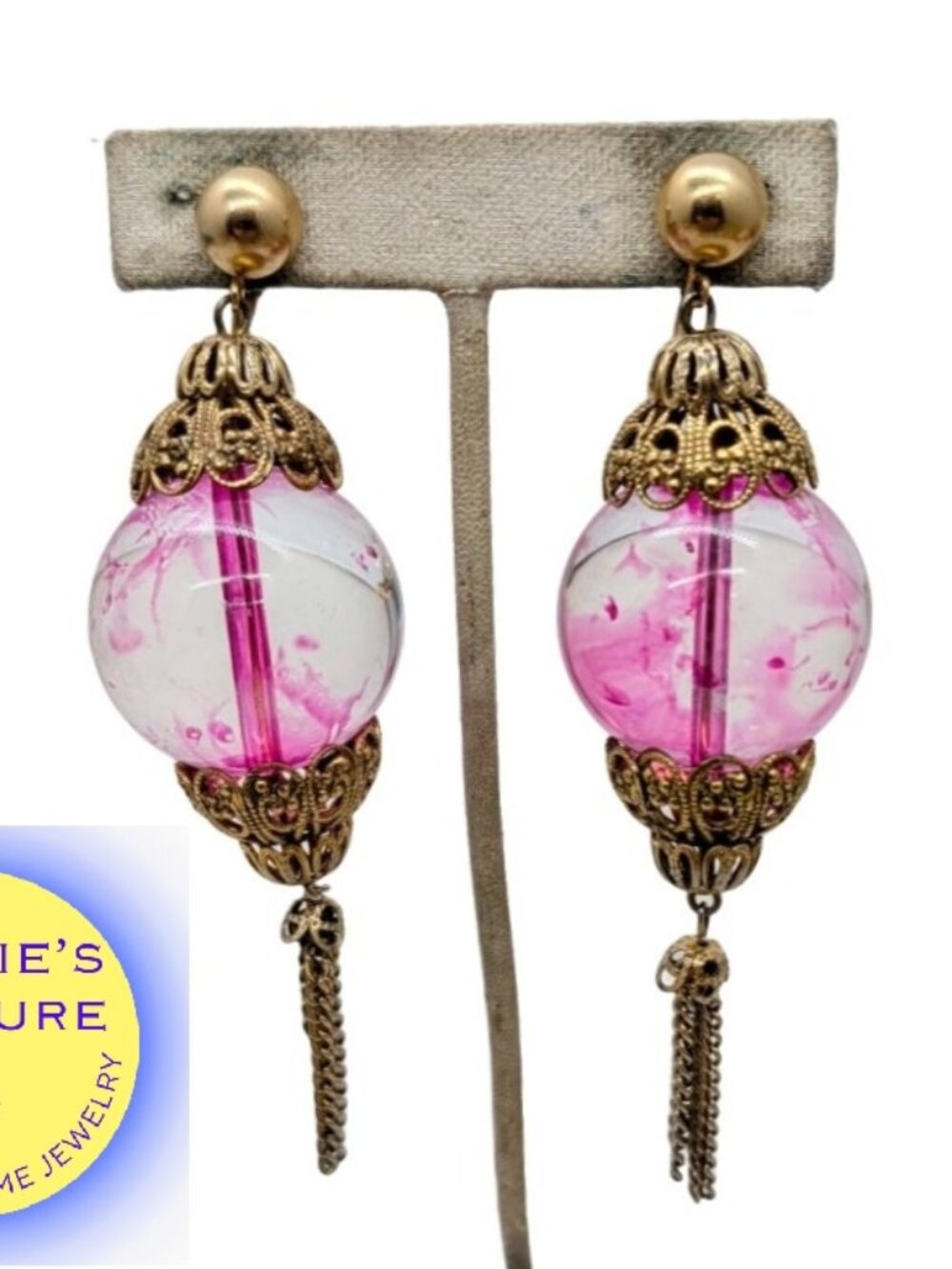 Vintage 1960s Signed Castlecliff Clear/Pink Glass Drop Dangle Clip Earrings